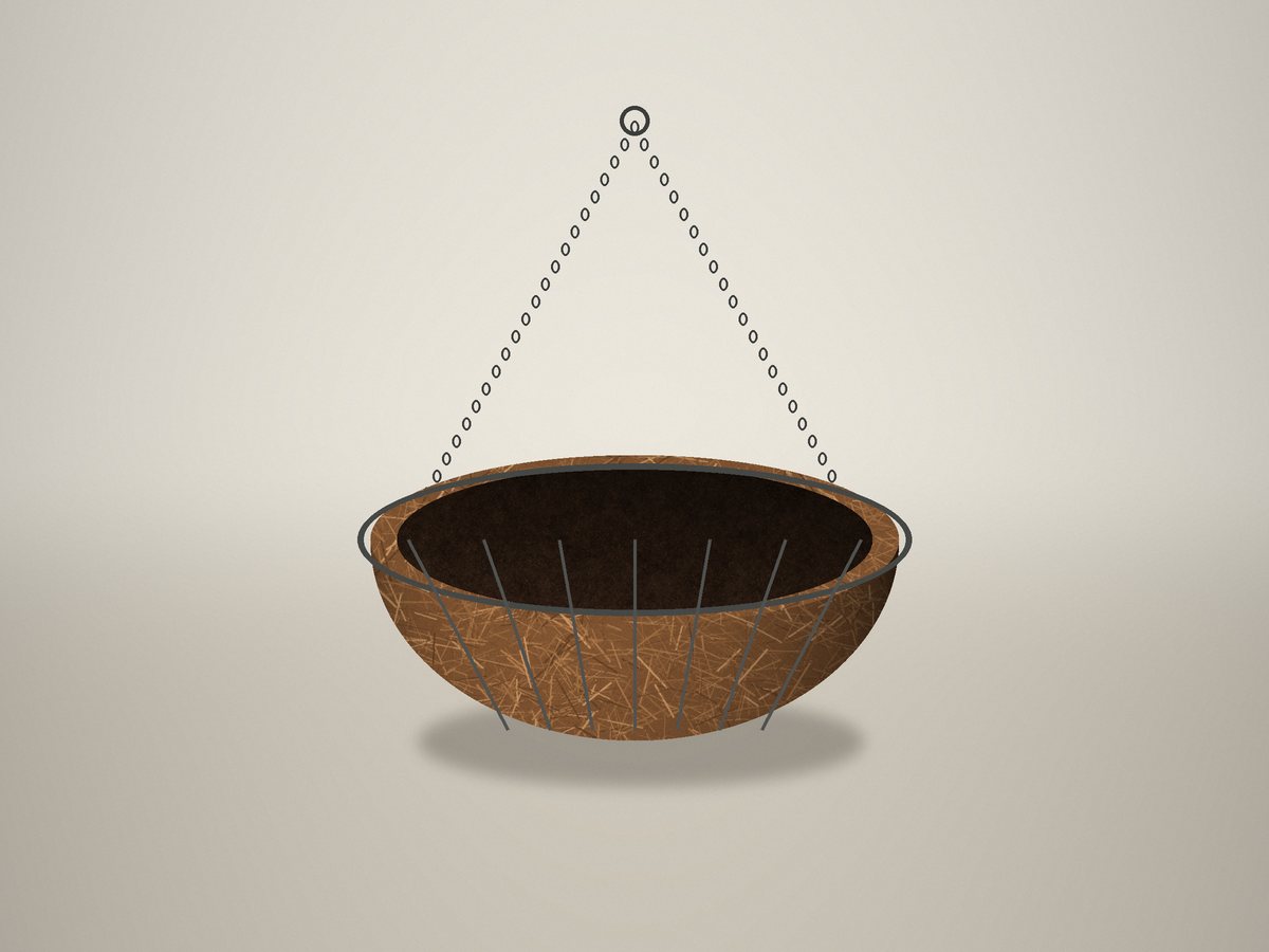 Coir liner fitted into a metal hanging frame