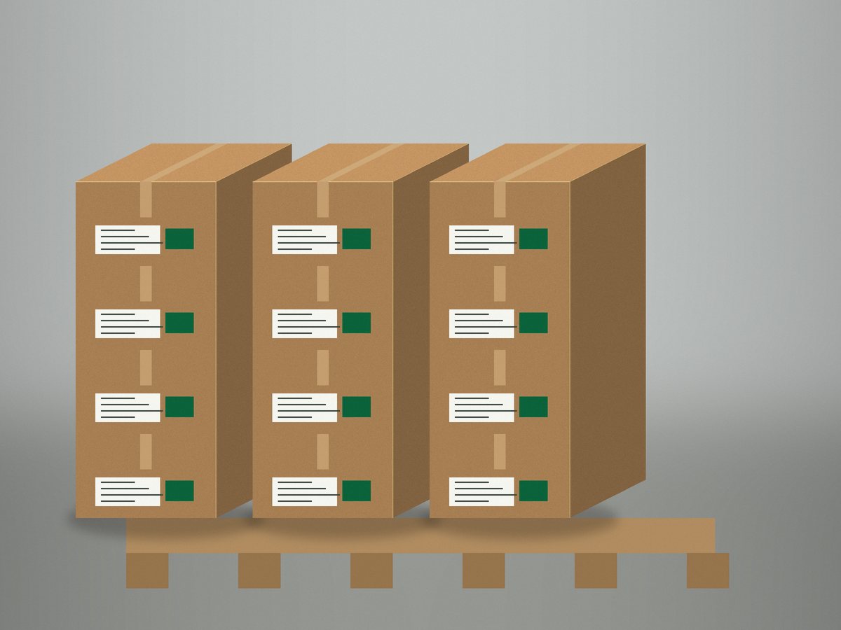 Labelled cartons stacked on a pallet